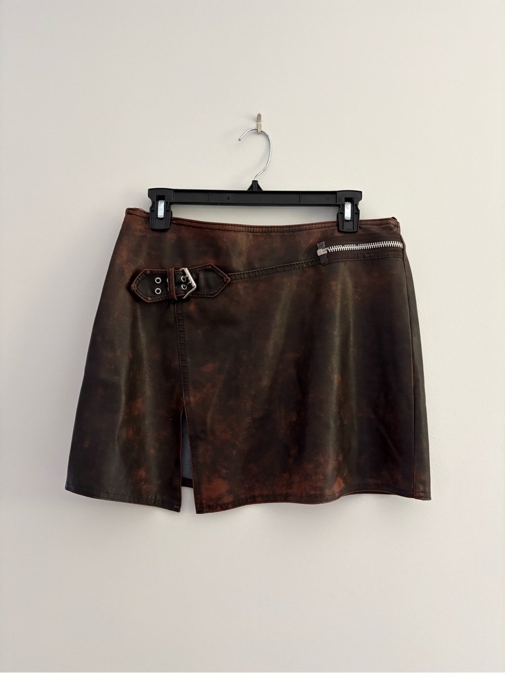 Morgan De Toi Vintage Faux Leather Mini Skirt with Buckle & Zipper - Brown Rust